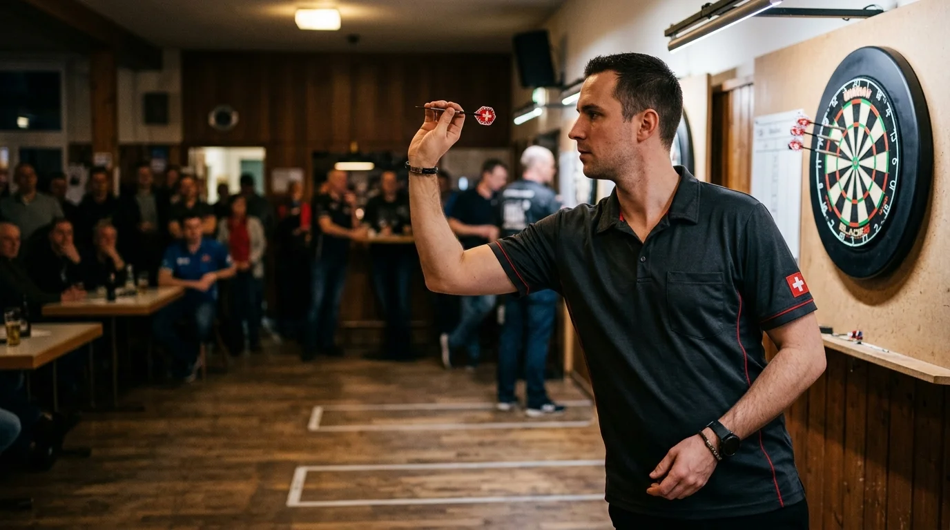 Schweizer Dartsspieler an der Wurflinie in einer Vereinshalle in der Schweiz, konzentriert vor dem Wurf auf das Doppelfeld